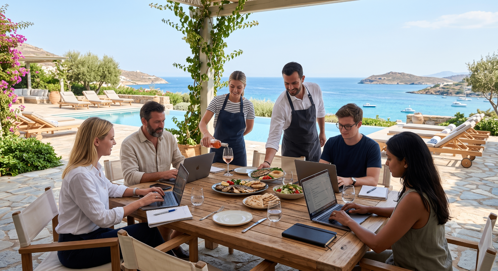 Team working poolside while private catering is served