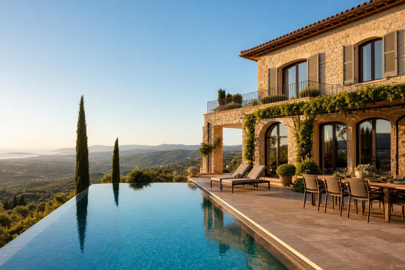 A sun-drenched luxury villa with an infinity pool overlooking rolling hills