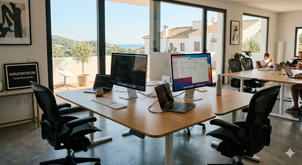 Workspace with standing desks, Apple displays and Herman Miller chairs