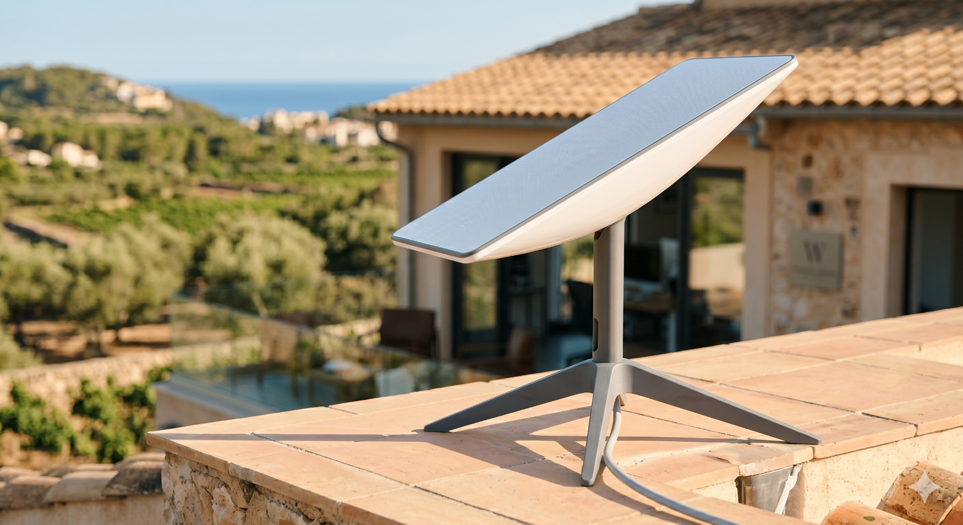 Starlink satellite receiver mounted on a villa rooftop