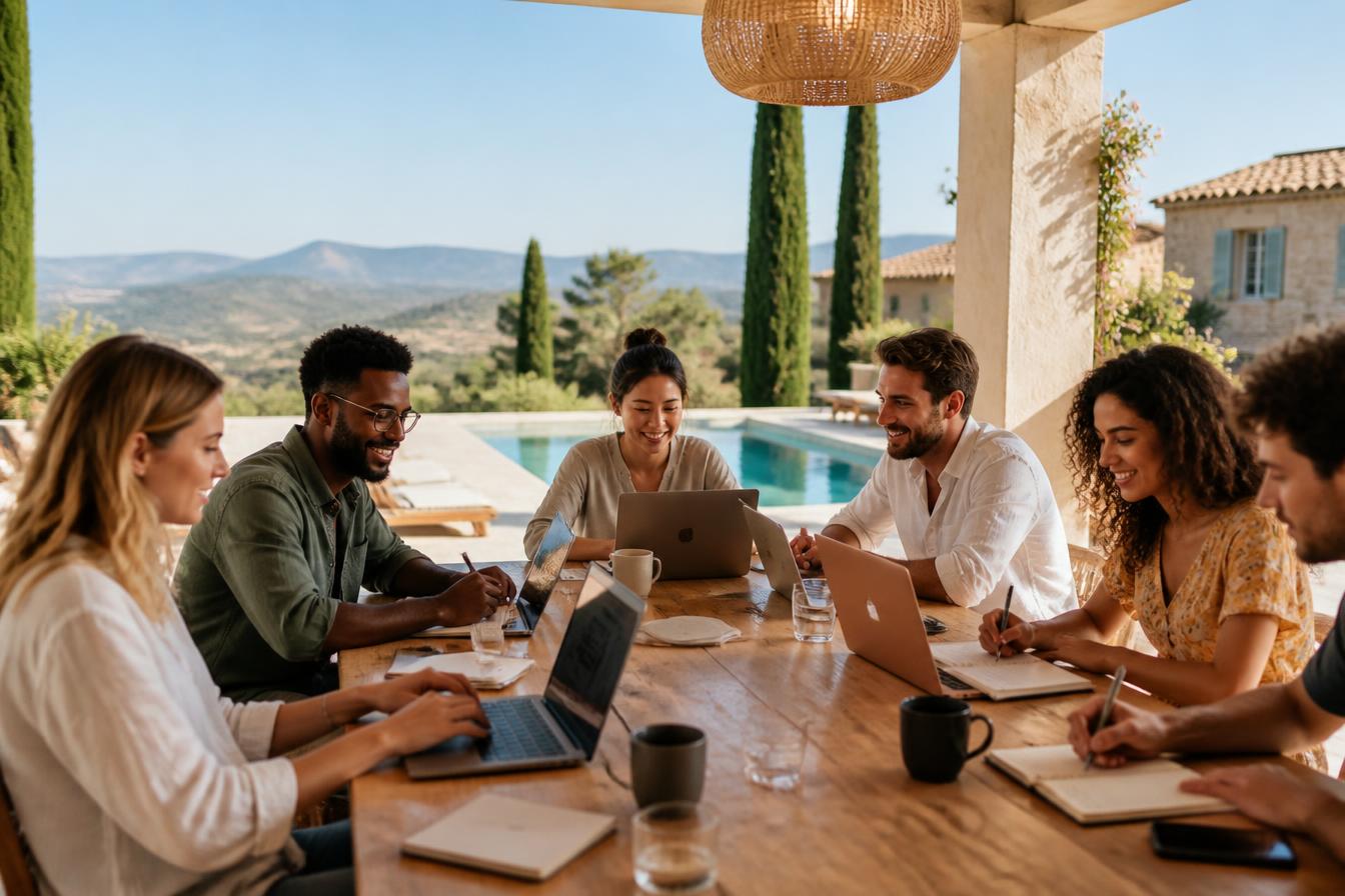 A team relaxing and working together in a bright villa space.